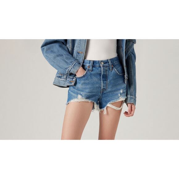 Levi’s 501 Original Blue High Rise Distressed Cut Off Denim Jean Shorts 27 NWT - Picture 1 of 7